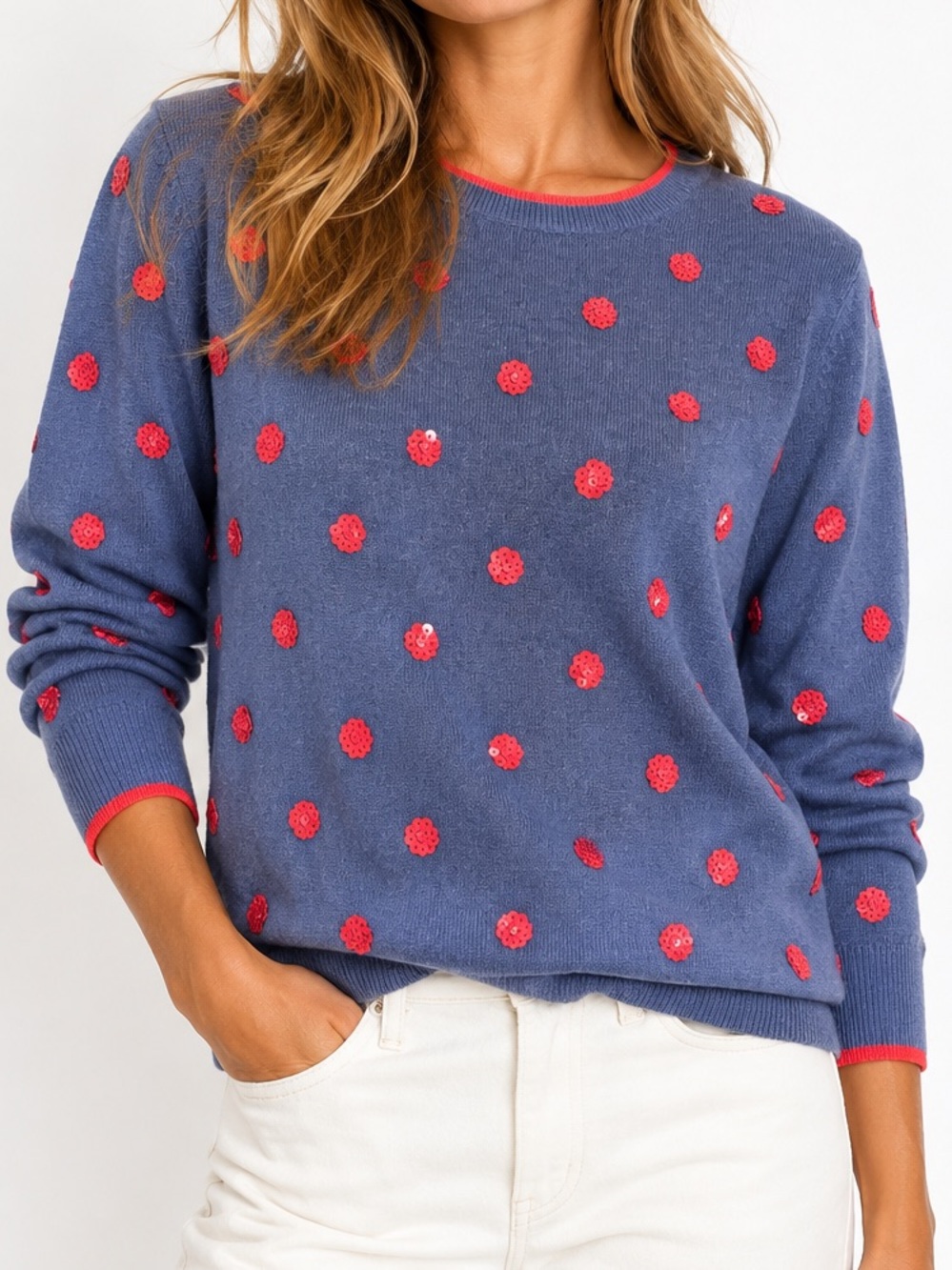 Boden Blue 100% Cotton Sequin Floral Sweater Size S